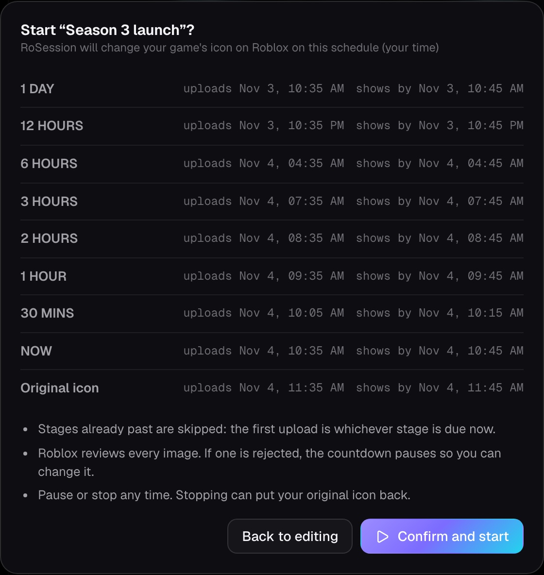 The icon updater in the RoSession dashboard: check it before it starts