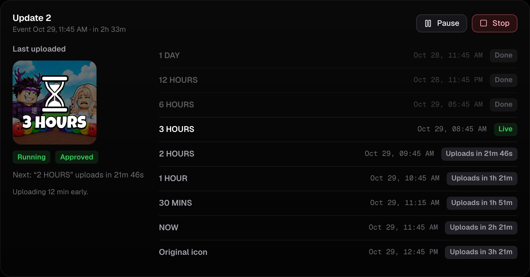 The icon updater in the RoSession dashboard: every stage on time